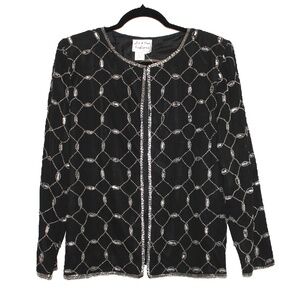 Women’s Silk Beaded Dress Jacket, Black and Silvertone, Size Large